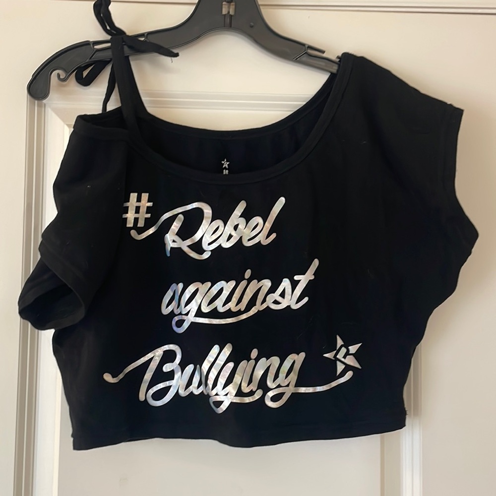 Rebel, one tie sleeve, black crop top, adult small